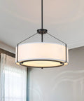 Grab This 20 Inch Drum Chandelier With 5 Lights For Instant Modern Farmhouse Vibes Featuring Soft White Linen Shades And Sleek Black Frames.