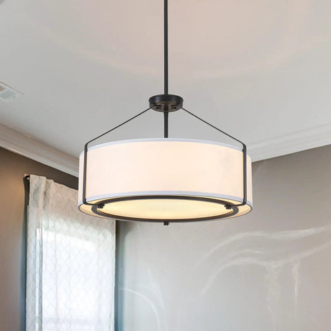 Grab This 20 Inch Drum Chandelier With 5 Lights For Instant Modern Farmhouse Vibes Featuring Soft White Linen Shades And Sleek Black Frames.
