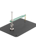 Pro Grade Aluminum Alloy Fixed Test Probe with base plate and 360 degree rotating arm on workbench, shown from side