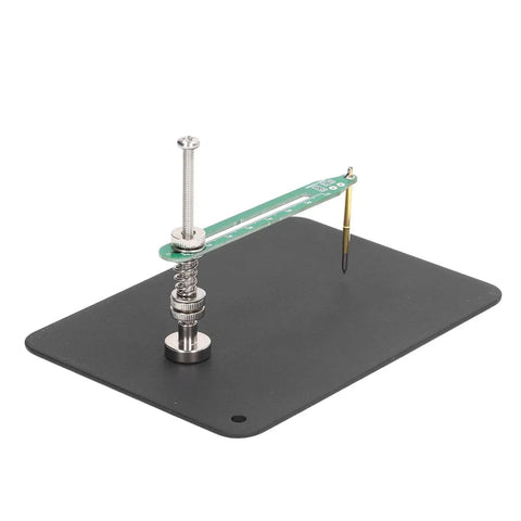 Pro Grade Aluminum Alloy Fixed Test Probe with base plate and 360 degree rotating arm on workbench, shown from side