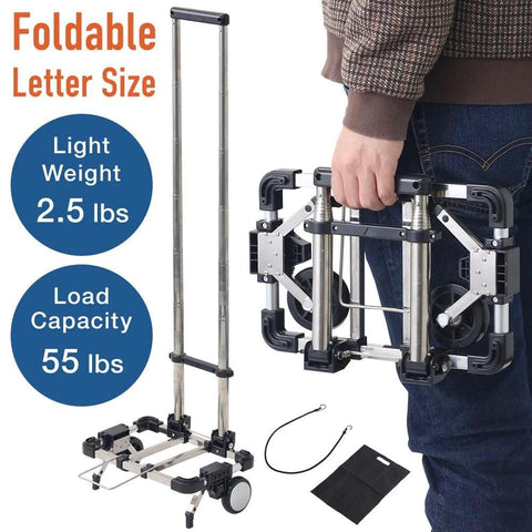 Man holding Foldable Luggage Cart With Two Wheels Lightweight Portable Travel Dolly, shown folded with bungee cord and bag, 55 lb capacity.