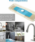 2nd Generation Silicone Faucet Mat, Kitchen Silicone Faucet Drip Catcher with Cuttable Circular Central for Kitchen Sink, Tailor-Made for Faucets with Deck Plate【Beige】 displayed with various faucet types.