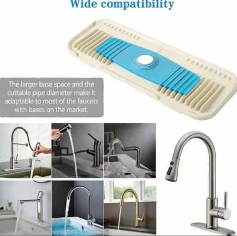 2nd Generation Silicone Faucet Mat, Kitchen Silicone Faucet Drip Catcher with Cuttable Circular Central for Kitchen Sink, Tailor-Made for Faucets with Deck Plate【Beige】 displayed with various faucet types.