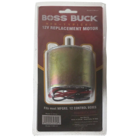 Boss Buck Large Heavy-Duty 12V Motor For Hunting Game Feeder. This Versatile Automatic Feed Dispersion Device Comes With An S-Plug Connector To Ensure Reliable Performance And Durable Construction For Your Wildlife Food Plot Needs In The Great Outdoors
