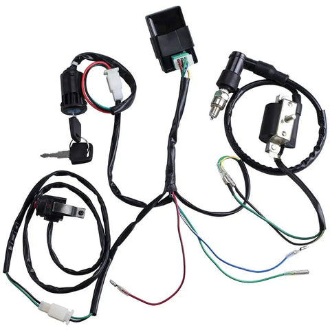 Beefed Up Dirt Bike Wiring Harness Kit With CDI Ignition Coil Spark Plug Kill Switch And Key Switch For Kick Start 50cc To 160cc Quad ATV Go Kart Buggy Ride Ready, showing wiring and components.