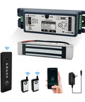 Smart Magnetic Door Lock Kit With 2.4GHz Wireless WiFi Access Control, 400lb Holding Force, remote, push button, and app control.