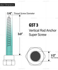 Diagram showing three and one half inch screw vertical threaded rod anchor for wood with dimensions and zinc finish.