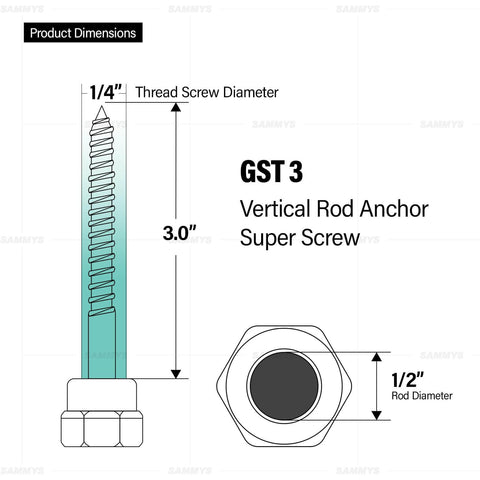 Diagram showing three and one half inch screw vertical threaded rod anchor for wood with dimensions and zinc finish.