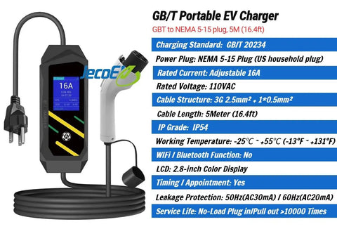 No Brainer Plug And Play Portable EV Charger With GB/T Connector And NEMA 5 15 Household Plug, adjustable 16A display and flexible cord.