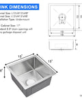 Diagram of Undermount Bar Sink 15 x 15 Inch Single Bowl Stainless Steel Handcrafted Kitchen Sink For Small Bars And Apartments