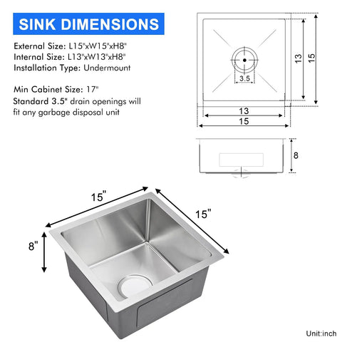 Diagram of Undermount Bar Sink 15 x 15 Inch Single Bowl Stainless Steel Handcrafted Kitchen Sink For Small Bars And Apartments