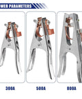 Three welding ground clamps showing 300A, 500A, and 800A sizes with copper-plated jaws for Two Pack 300A Welding Ground Clamp Set.