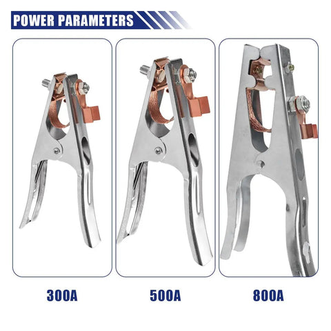 Three welding ground clamps showing 300A, 500A, and 800A sizes with copper-plated jaws for Two Pack 300A Welding Ground Clamp Set.