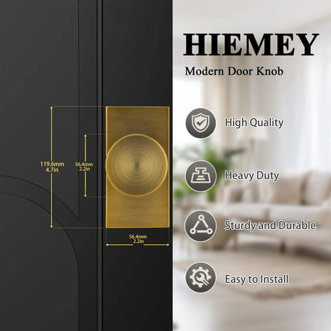 Antique Brass Dummy Door Knobs Interior Modern Vintage Square Door Handles For Bifold And Closet Doors Rectangle Style 2 Pack Easy Install Non Latching Hardware front view on black door with dimensions and features.