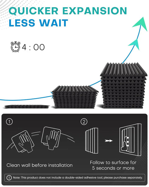 Fifty Pack High Density Acoustic Foam Panels For Walls Premium Thickness Sound Absorbing Studio Wedges installation guide with quick expansion steps.