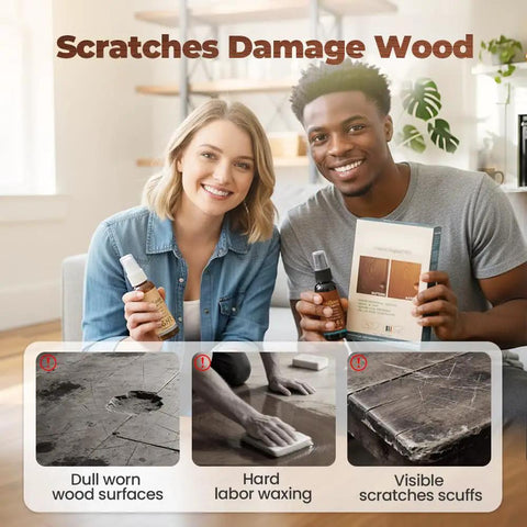 All In One Wood Repair Kit For Furniture Floors And Doors Scratch Remover And Color Restorer Easy DIY Wood Filler shown held by smiling couple.