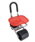 Wheeled Garden Stool With Adjustable Height Iron Construction Movable Labor Saving Patio Seat with red mesh seat and rubber handle.