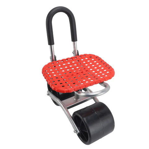 Wheeled Garden Stool With Adjustable Height Iron Construction Movable Labor Saving Patio Seat with red mesh seat and rubber handle.