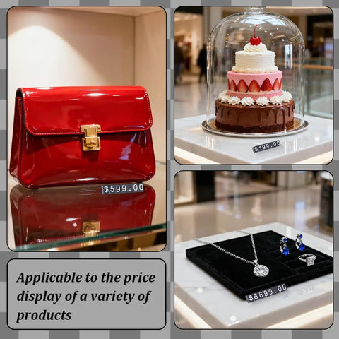 Price Display Cube Tags Set 50 With Adjustable Stand, showcasing use on purse, cake, and jewelry with clear pricing.