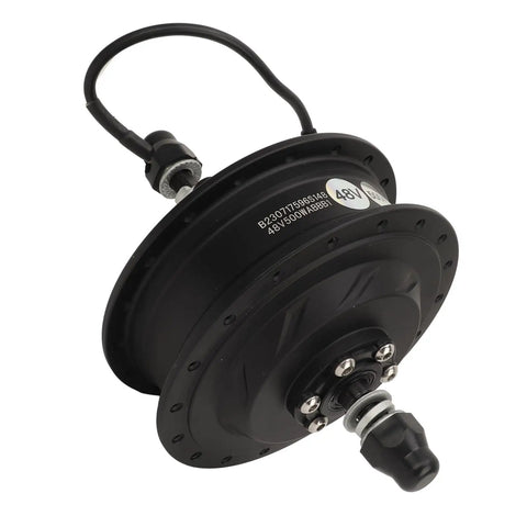 Heavy Duty 48V 500W Electric Bicycle Gear Hub Motor Featuring Brushless Rear Drive Aluminum Rim close-up view with wire connection.