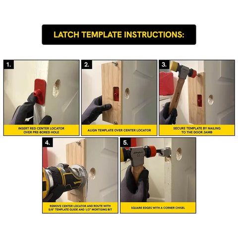 Latch template instructions showcasing No Sweat Bamboo Router Jig For Door Latch And Deadbolt Installation with red center locator.