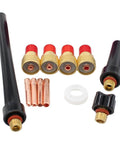 All In One TIG Welding Torch Consumables Kit With Gas Lens Cups Collets Gasket And Back Caps For WP 9 20 25 T32 Series Includes One Sixteenth One Eighth Inch And Three Thirty Seconds Collets 13N21 13N22 13N23 13N24 parts displayed