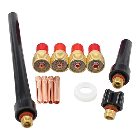 All In One TIG Welding Torch Consumables Kit With Gas Lens Cups Collets Gasket And Back Caps For WP 9 20 25 T32 Series Includes One Sixteenth One Eighth Inch And Three Thirty Seconds Collets 13N21 13N22 13N23 13N24 parts displayed