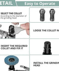 Easy operation guide for Tough 90 Degree Angle Air Die Grinder with parts and steps for collet installation.