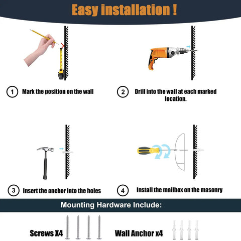 Easy installation guide for Stainless Steel Wall Mount Locking Mailbox With Key Lock, steps for secure attachment.