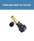 Close-up of tubeless tire valve stem, brass with black plastic base and threaded shaft.