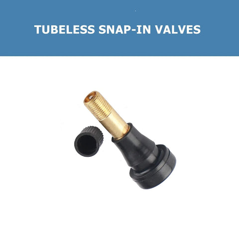 Close-up of tubeless tire valve stem, brass with black plastic base and threaded shaft.