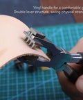 Angled Leather Hole Punch Pliers With Double Lever, High Hardness Stainless Steel in use on leather sheet for DIY crafting