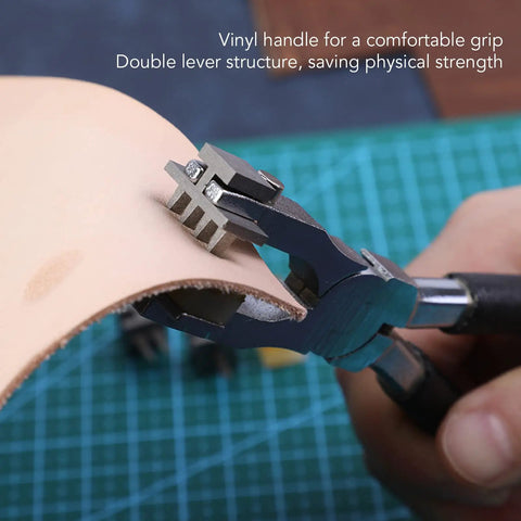 Angled Leather Hole Punch Pliers With Double Lever, High Hardness Stainless Steel in use on leather sheet for DIY crafting