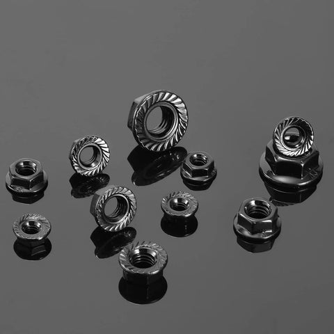 M6 X 1.0Mm Serrated Flange Hex Lock Nuts 100 Piece Pack 304 Stainless Steel showing various sizes and designs on a reflective surface.