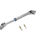 Side view: Ford lower intermediate steering shaft with U-joint coupler; silver steel with blue ring; bolts and washers.