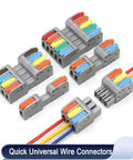 Assorted Mini Quick Wire Connectors with push-in, lever, crimp styles for secure electrical wiring, shown in multicolor designs.