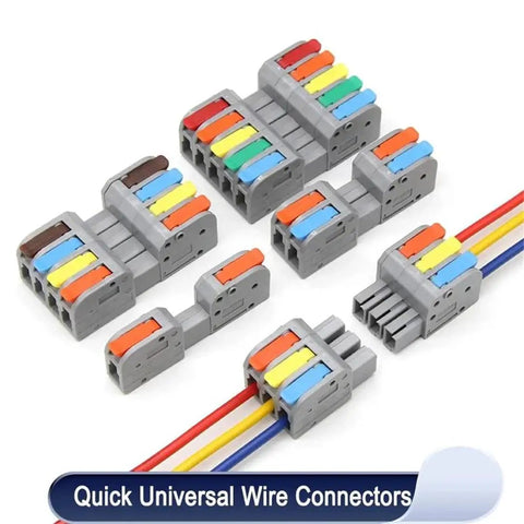 Assorted Mini Quick Wire Connectors with push-in, lever, crimp styles for secure electrical wiring, shown in multicolor designs.