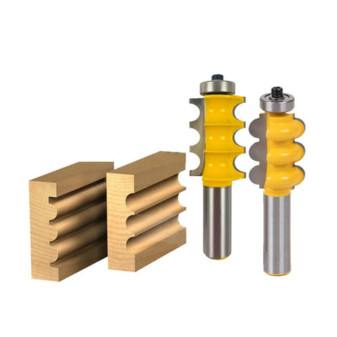 Top Shelf 2 Piece Triple Bead Column Molding Router Bit Set for Fancy Woodwork and Furniture Legs showing two bits with decorative profiles.