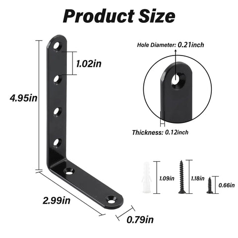 Heavy Duty L Brackets And Corner Braces 5 X 3 Inch Solid Steel 4 Pack specifications showing dimensions and hole sizes.