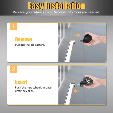 Installation instructions for Set of 5 Quiet 3 Inch Rubber Office Chair Caster Wheels with Universal 11x22mm Stem