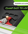 Heavy Duty Track Saw Square With Quick Positive Angle Stops For Dead On Miter Cuts Compatible With Festool Makita Milwaukee Guide Rails showing clamp and angle markings.