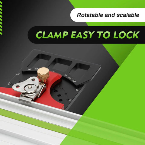 Heavy Duty Track Saw Square With Quick Positive Angle Stops For Dead On Miter Cuts Compatible With Festool Makita Milwaukee Guide Rails showing clamp and angle markings.