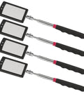 Four pack of telescoping inspection mirrors with light, 360 degree rotating head, extendable handle, flexible neck for car repairs.
