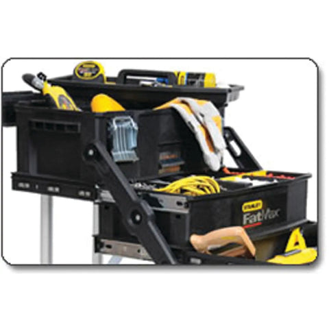 FatMax 4 In 1 Mobile Work Station with tiered cantilever storage showing tools and compartments, black finish
