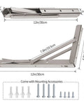 Beefy Heavy Duty Folding Shelf Brackets 12 Inch Pack of 2 with mounting accessories shown, Stainless Steel Collapsible Shelf Brackets
