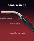Close-up of 10ft 250A MIG welding gun with euro connection, durable handle, positive trigger, and ergonomic design.