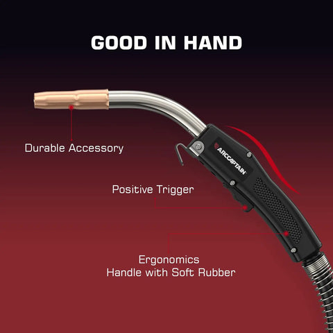 Close-up of 10ft 250A MIG welding gun with euro connection, durable handle, positive trigger, and ergonomic design.