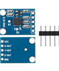 Three Pack ADXL335 3-Axis Accelerometer Sensor Module GY-61 With Analog Output 3-5V For Motion Control, Gaming, Image Stabilization, Wearables, Vibration Monitoring, And Mobile Devices, front and back views with header pins