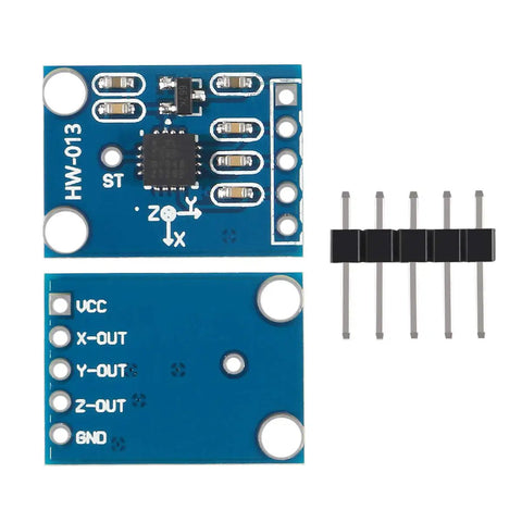 Three Pack ADXL335 3-Axis Accelerometer Sensor Module GY-61 With Analog Output 3-5V For Motion Control, Gaming, Image Stabilization, Wearables, Vibration Monitoring, And Mobile Devices, front and back views with header pins