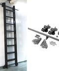 Heavy Duty Sliding Barn Door Hardware Kit With Slick Steel Track Rail Smooth Glide Rollers Durable Floor Casters Adjustable 3.3 To 20 Foot Run Rig with black ladder and components.